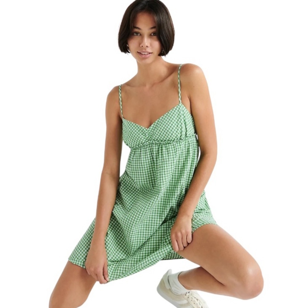 Aritzia Sunday Best Green White Gingham Seersucker Sleeveless Mini Dress Medium